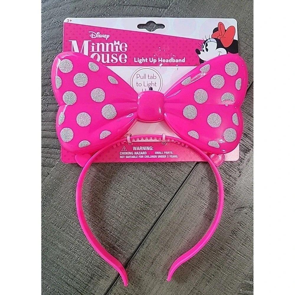 Disney Minnie Mouse Light Up Headband‎ PINK 3 Light Settings Silver Glitter New